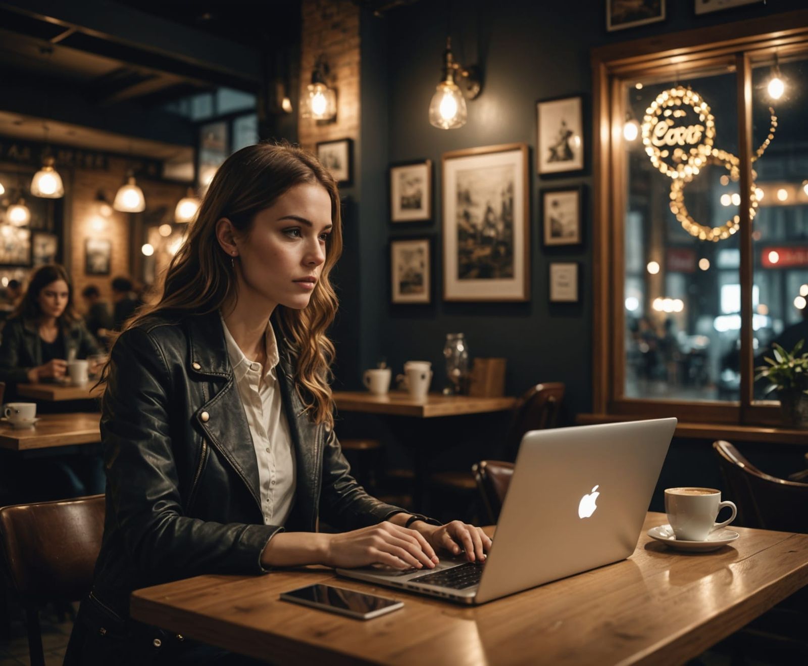 Cozy Nighttime Cafe Scene with AI Artwork