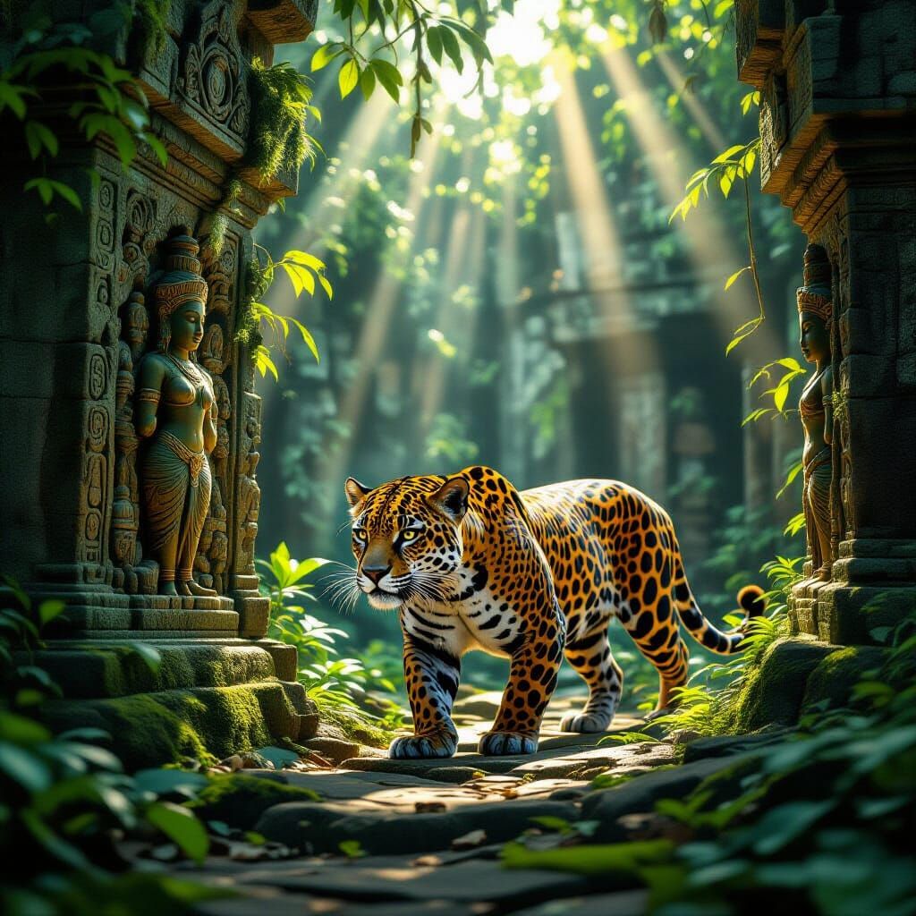Majestic Golden Jaguar in Ancient Jungle Temple Ruin