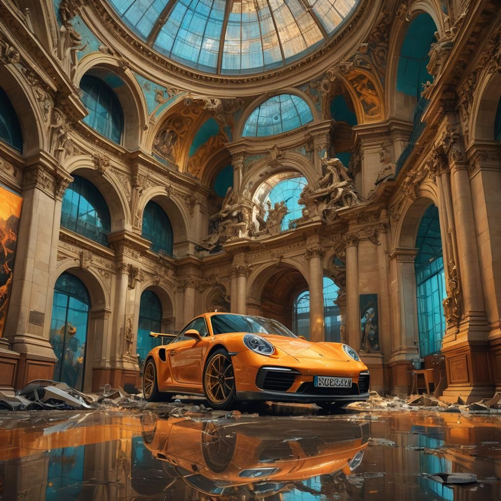 Porsche Crash in Louvre: Dynamic Realism Concept Art