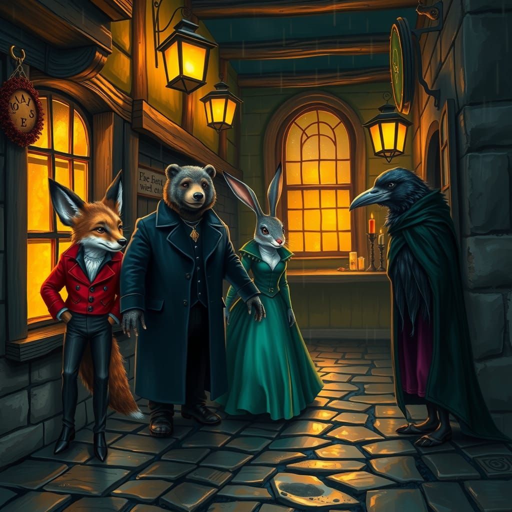 Whimsical Tavern Scene with Animals in Fine Attire