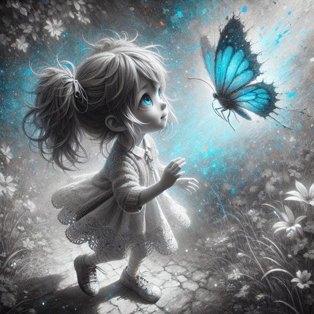 Girl and Butterfly in Grayscale Anime Style