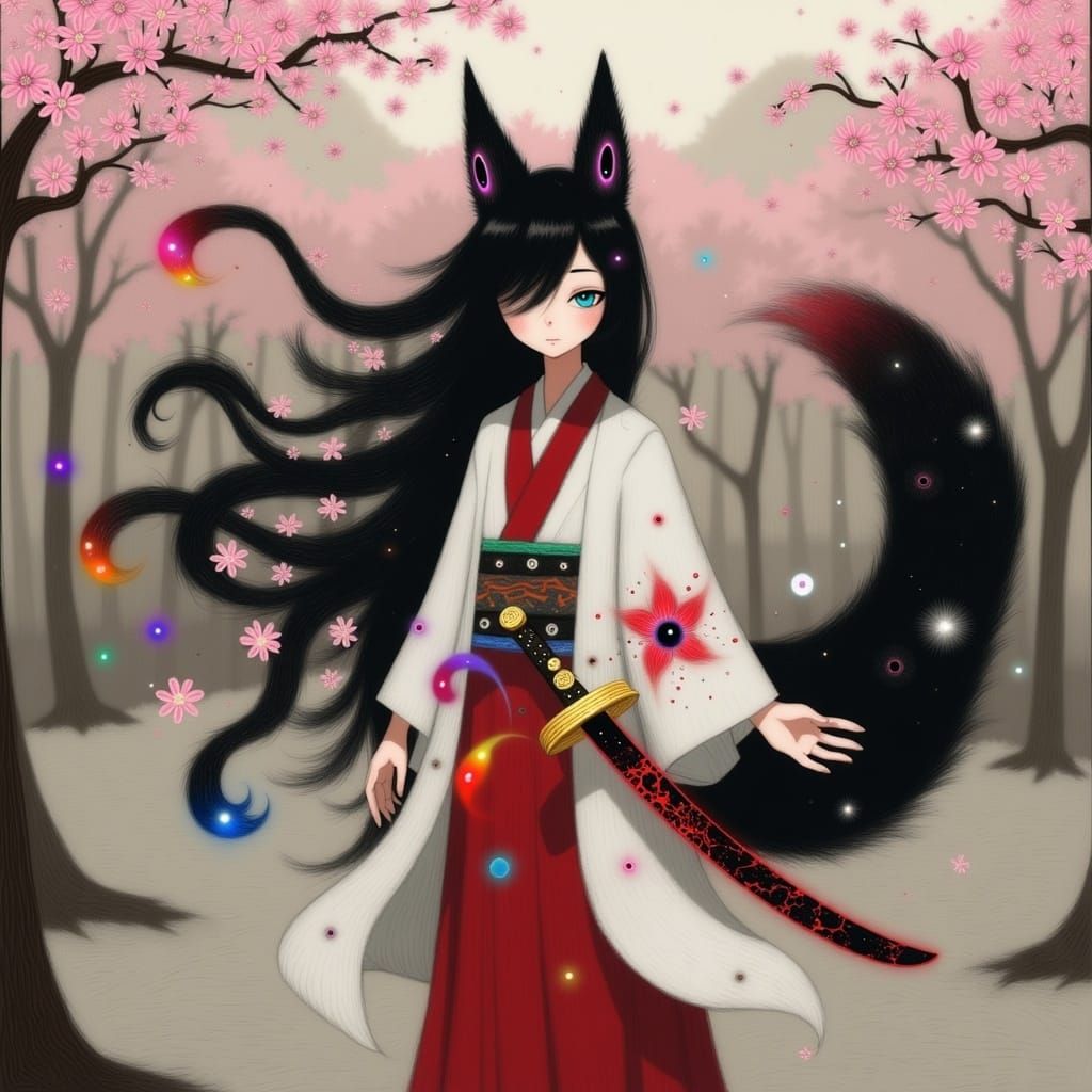 Kitsune in Celestial Aura, Cherry Blossom Forest, Mystical S...