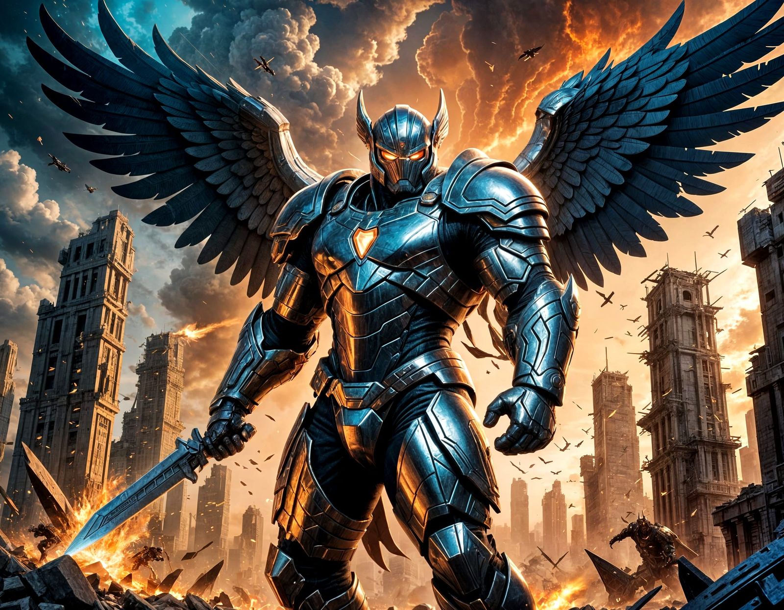 Heroic Warrior Defies Ruins of Futuristic City in Cyberpunk ...