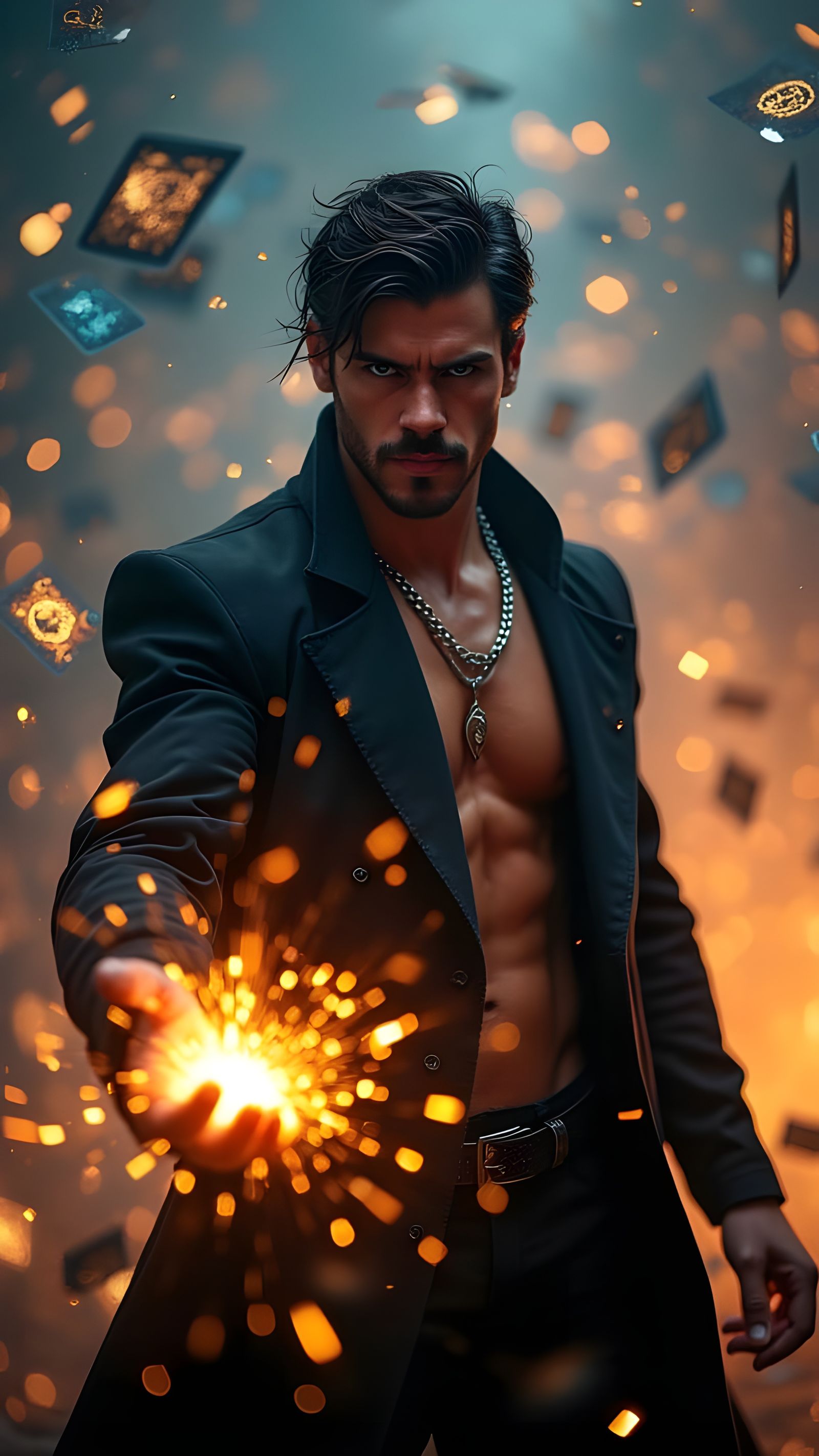 Man in Storm of Glowing Cards Cinematic Masterpiece