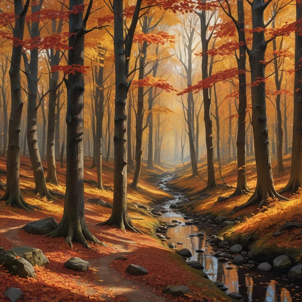 Vibrant Autumn Forest Concept Art in Matte Painting Style