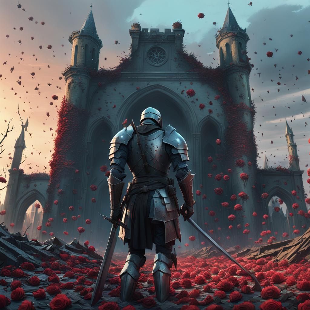 Knight Amidst Dead Roses in Ruined Courtyard