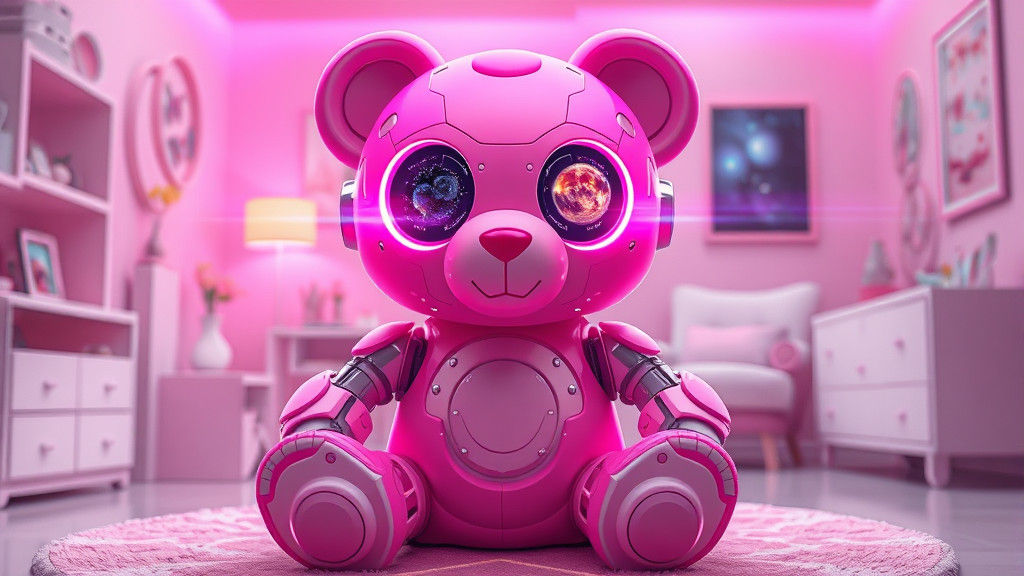 Futuristic Pink Robot Teddy Bear Projecting Solar System
