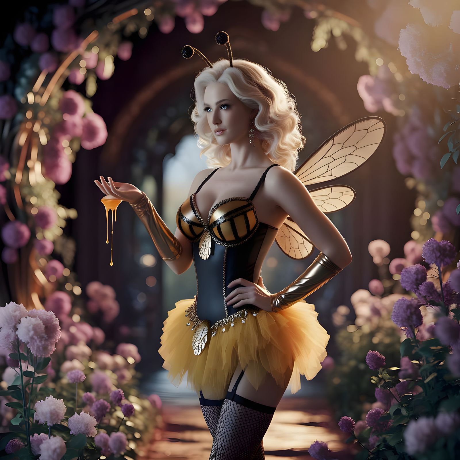A gorgeous woman wearing a honeybee costume. She has honey i...