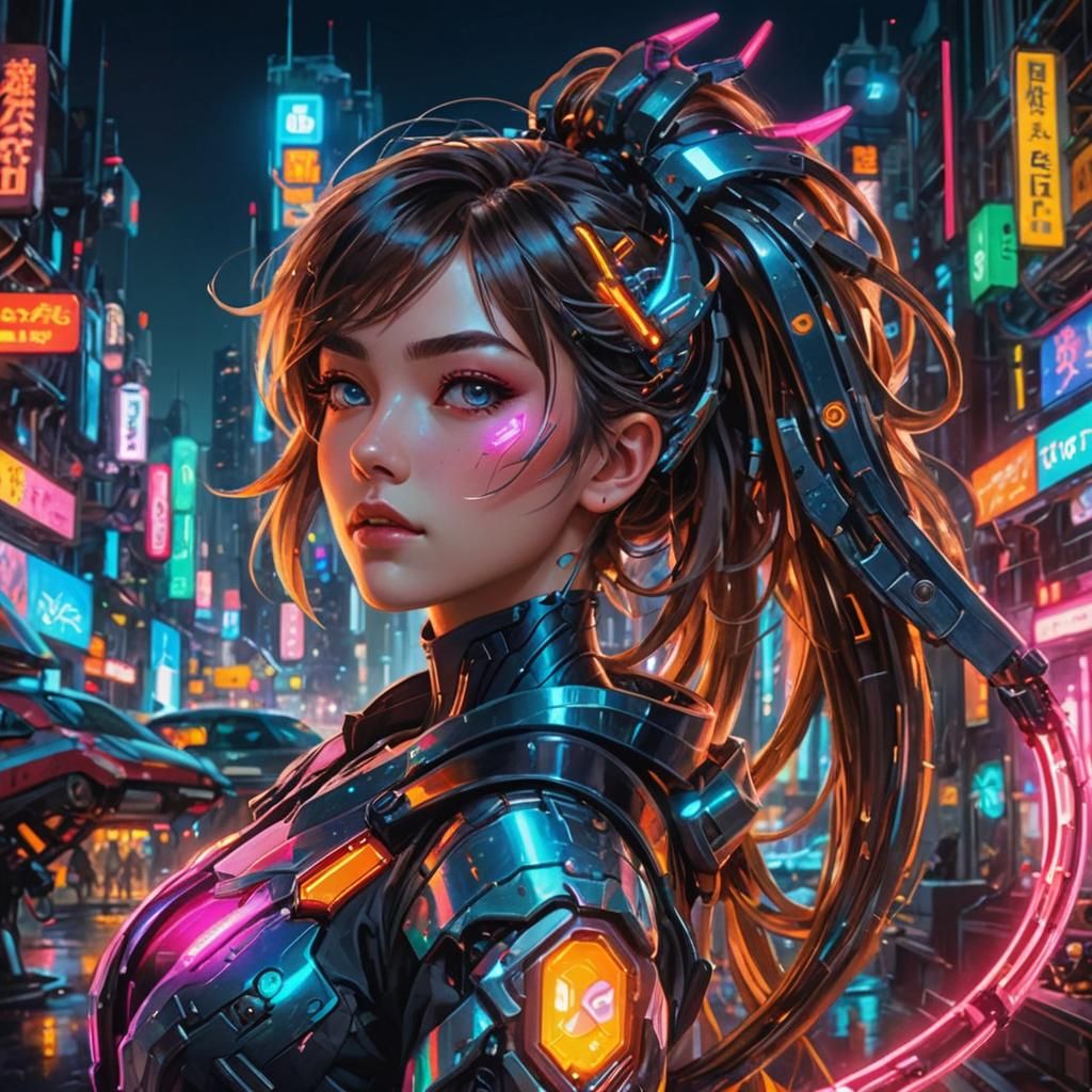 Girl Nintendo Switch in a Neon Cityscape