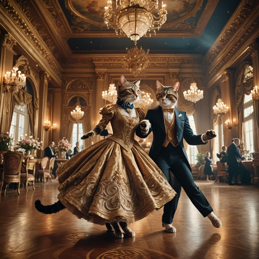Cats Dancing in Ballroom with Golden Lighting