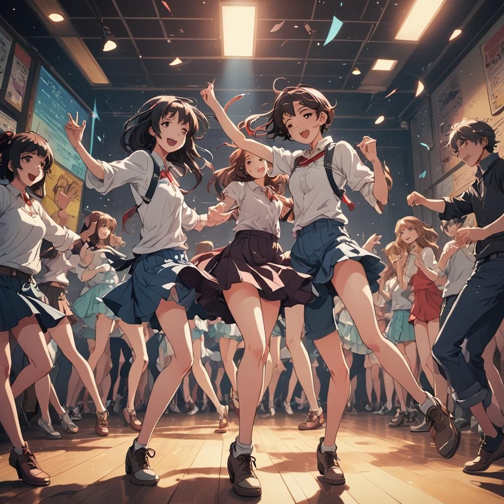 Vibrant Anime-Style Illustration of Dancing Figures