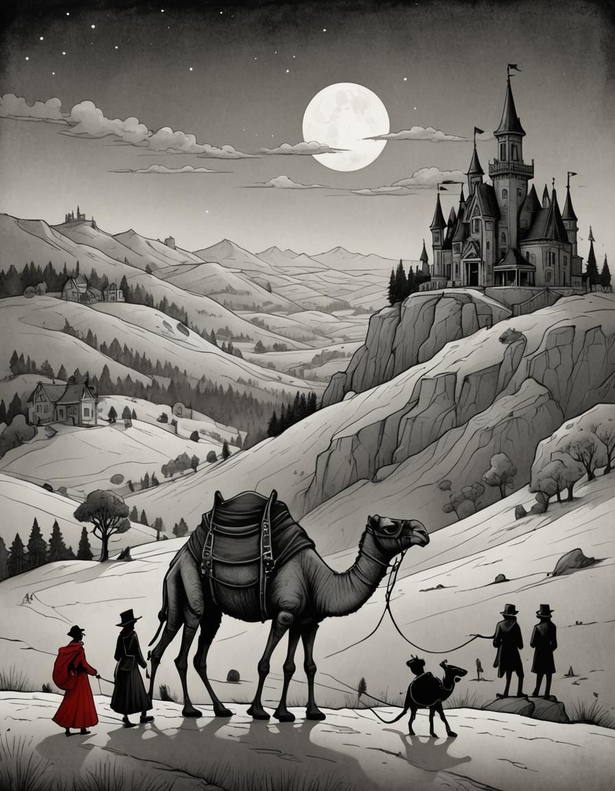 Wednesday Addams Leads Camel Uphill: Gothic Whimsical Illust...