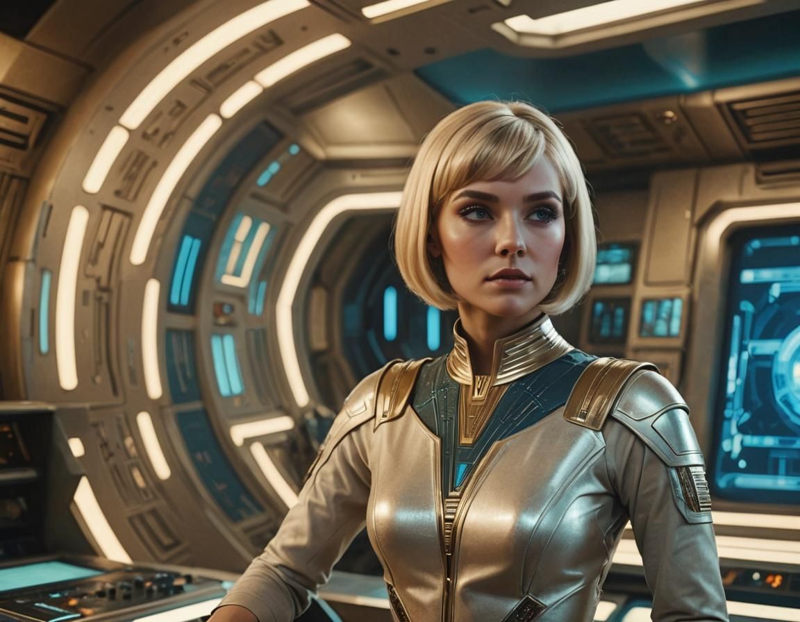 Galaxina in Futuristic Control Room with Holographic Interfa...