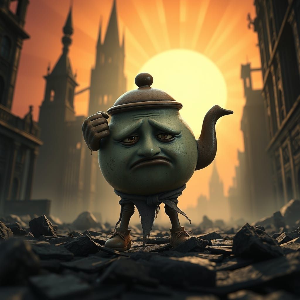 Haunted Teapot Survivor in Abandoned Cityscape