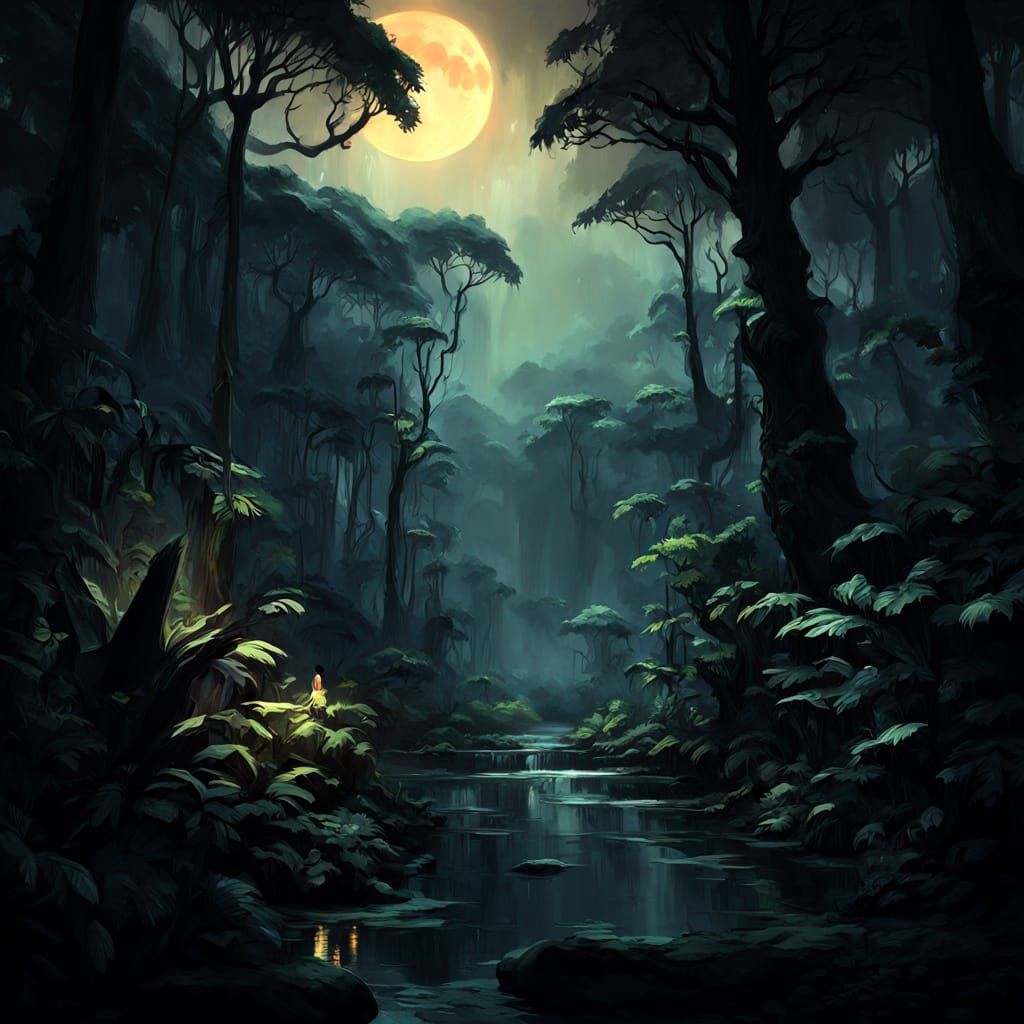 Mystical Rainforest at Night with Blood Moon
