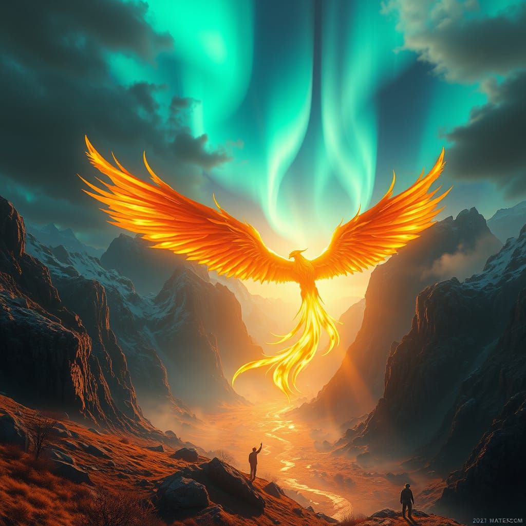 Golden Phoenix Rising in Aurora Valley