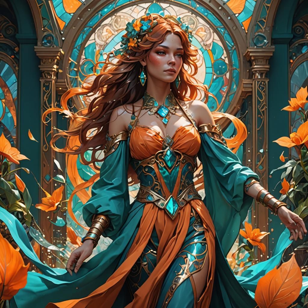 Woman in Orange and Teal, Hyperdetailed Art