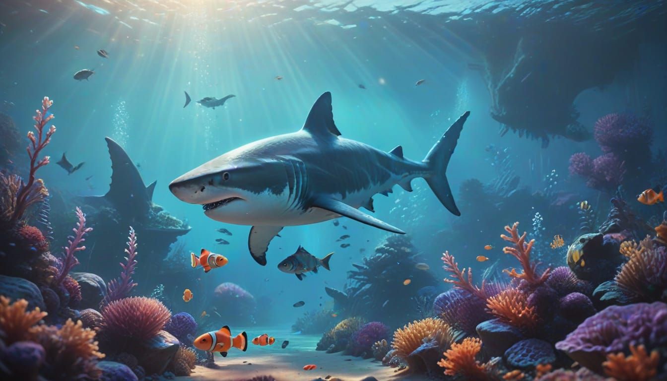 Shark and Clownfish Friends in Dreamy Fantasy Style