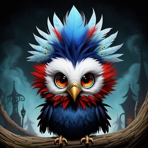 Gothic-Punk Baby Bird in Surreal Fairytale Scene