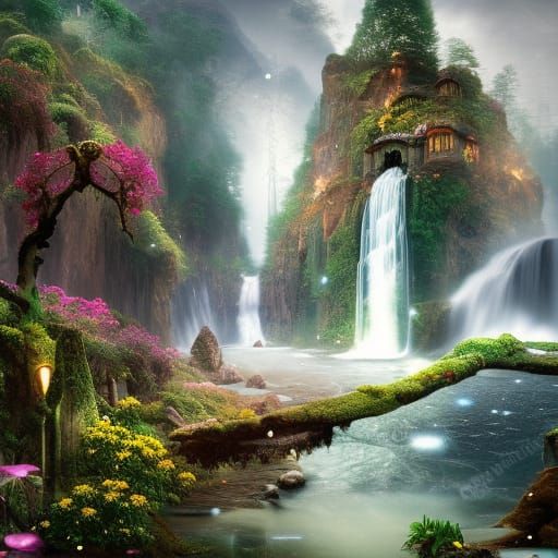 Hourglass Waterfall with Flowers and Lightning
