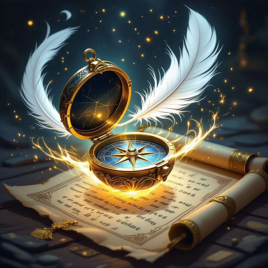 Golden Compass Above Ancient Scroll with Phoenix Feather