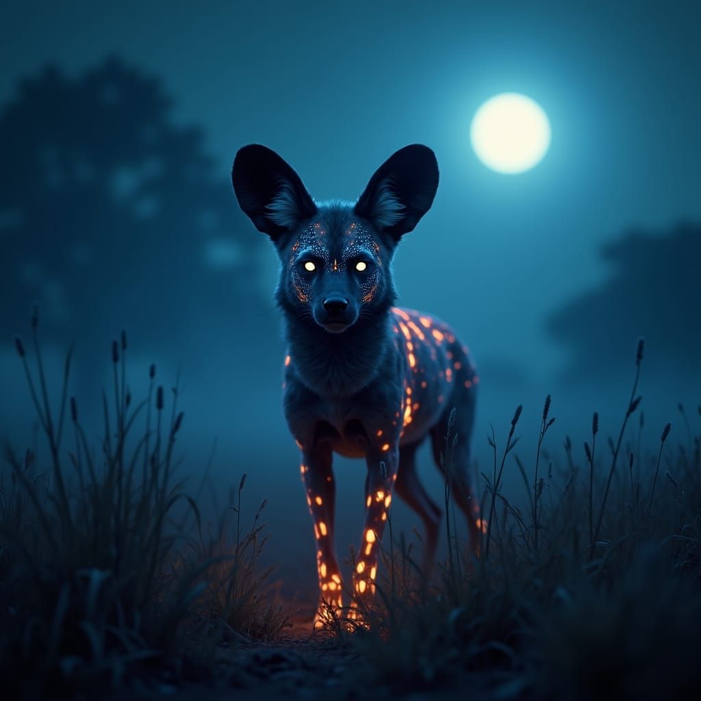 African Wild Dog with Bioluminescent Fur, Mystical Savanna