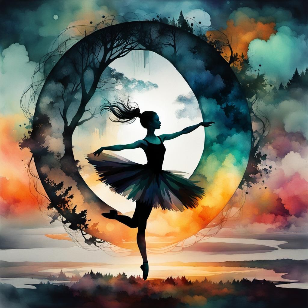 Ballerina Silhouette in Misty Forest, Watercolor Art