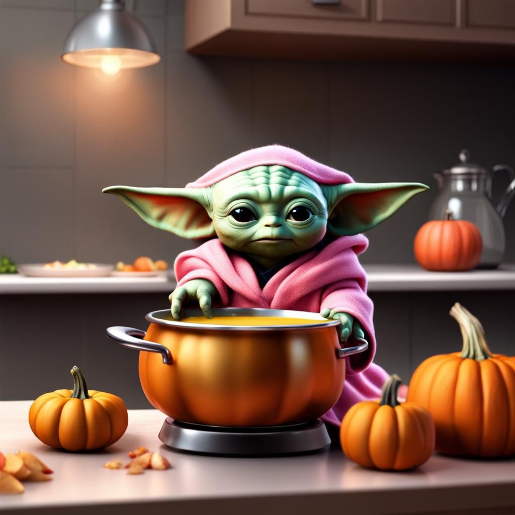 Baby Yoda Cooking Pumpkin Soup, Photorealistic