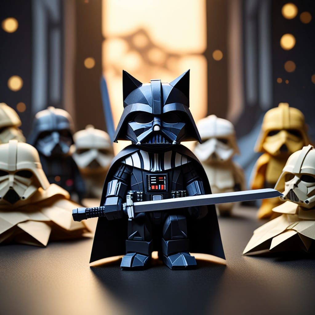 Cat Wields Origami Star Wars Sword in Intricate Papercraft S...