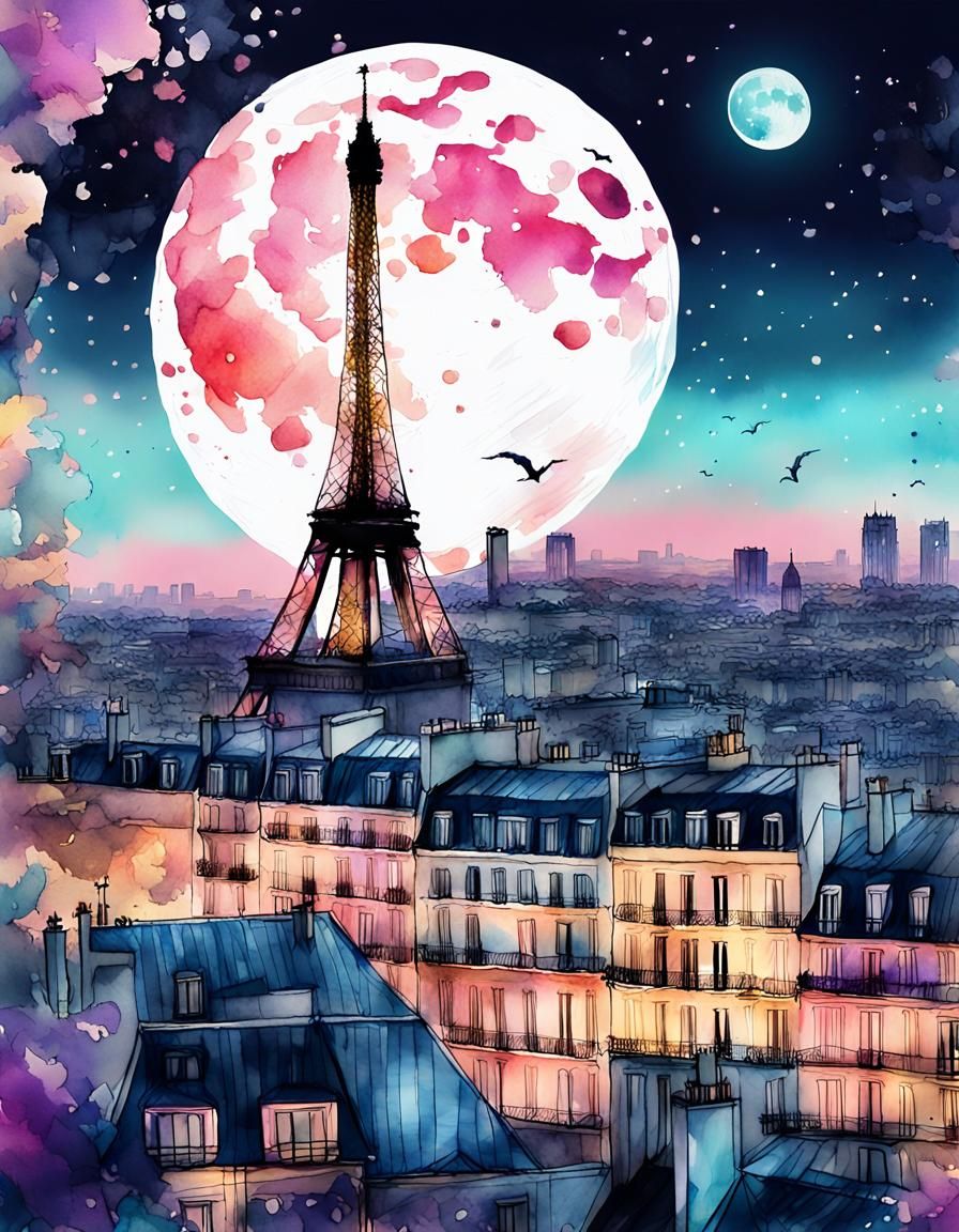 Paris Skyline at Night in Digital Watercolor