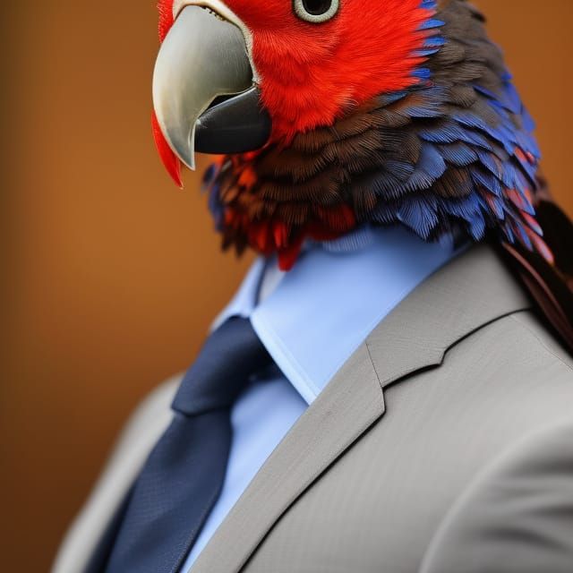 Anthropomorphic Parrot in Business Suit, Detailed Digital Ar...