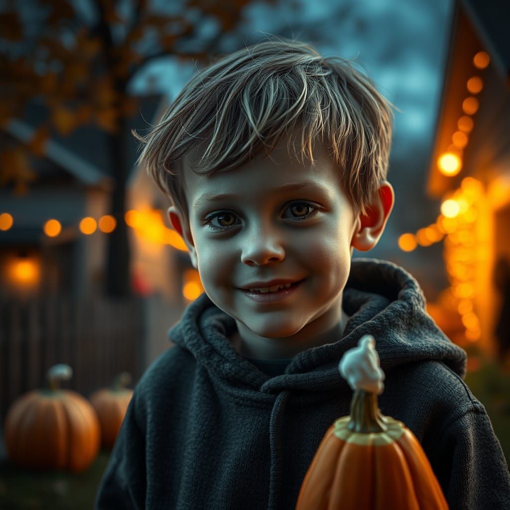 Happy Child Trick-or-Treating on Halloween Evening