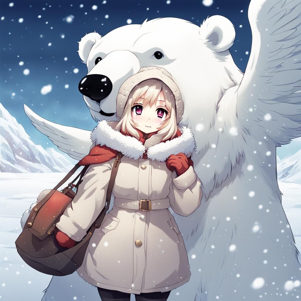Cute Winged Polar Bear Girl in Anime Style