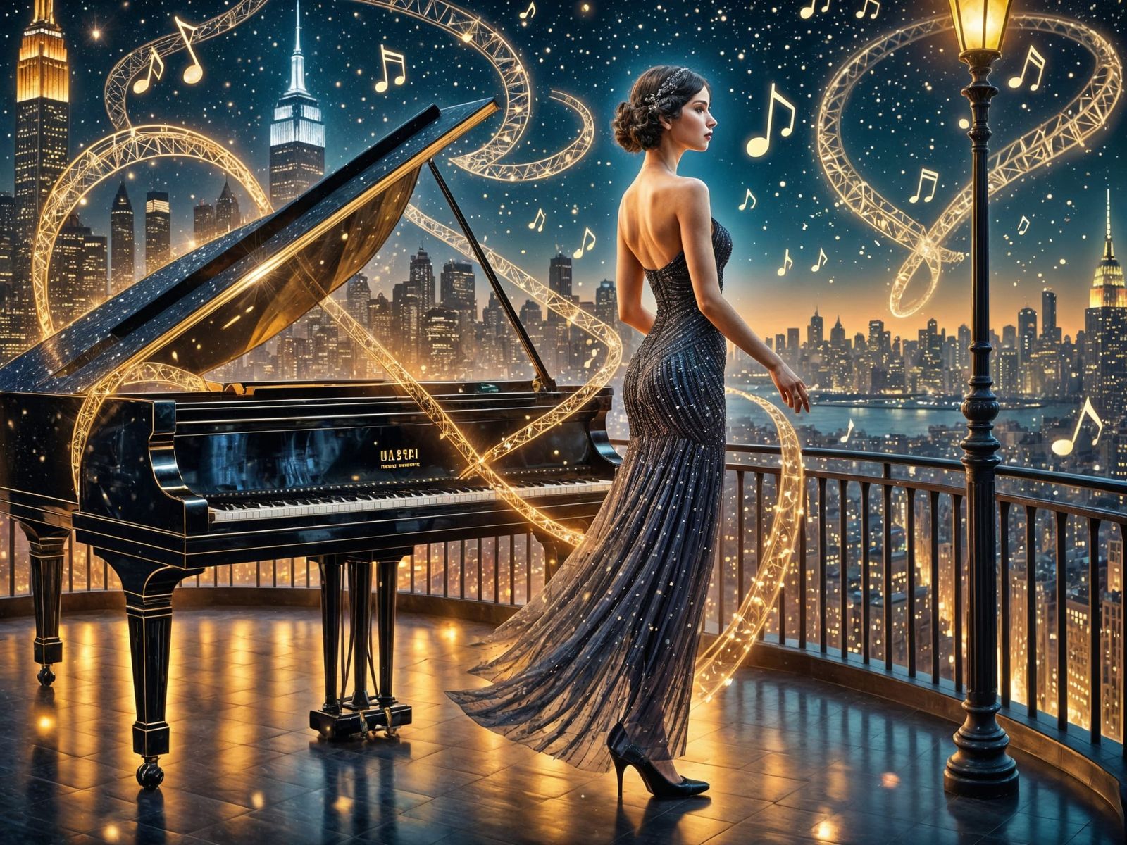 Sophisticated Flapper Plays Piano Under Art Deco City Lights