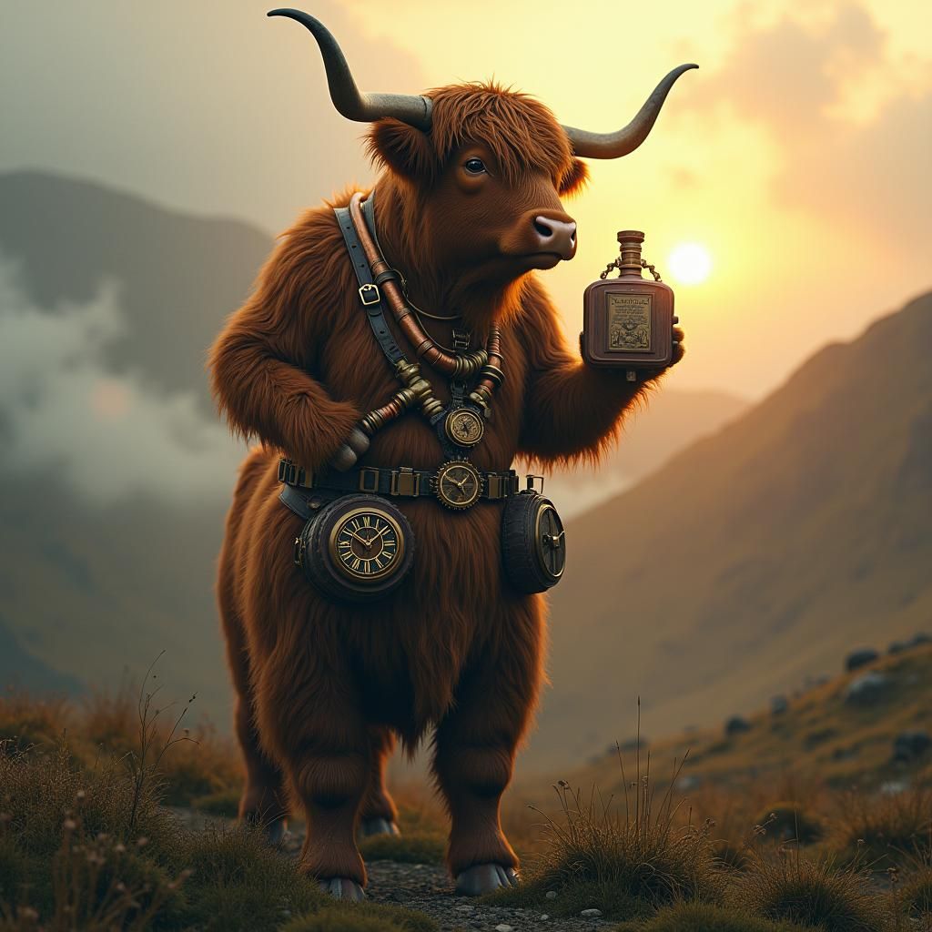 Steampunk Highland Cow Sipping Whisky at Sunset