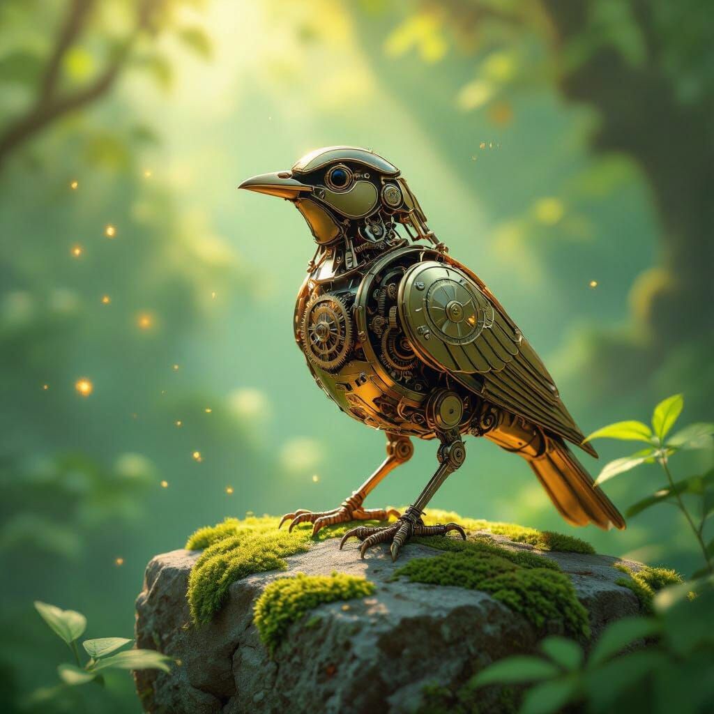 Automaton Bird on Ancient Stone in Ghibli Style