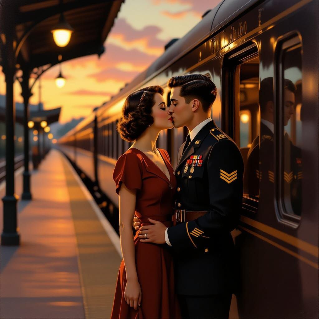 1930s Train Station Farewell in Warm Evening Light