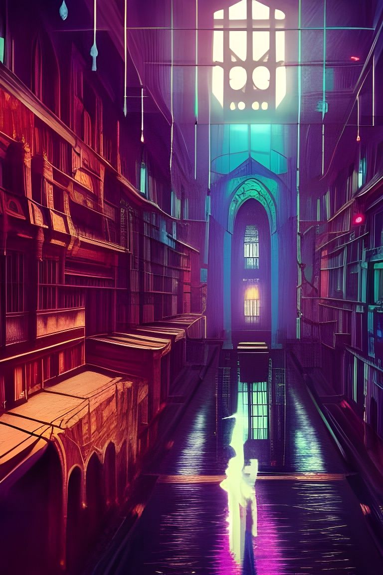 Cyberpunk Hogwarts School with Crystals and Stars