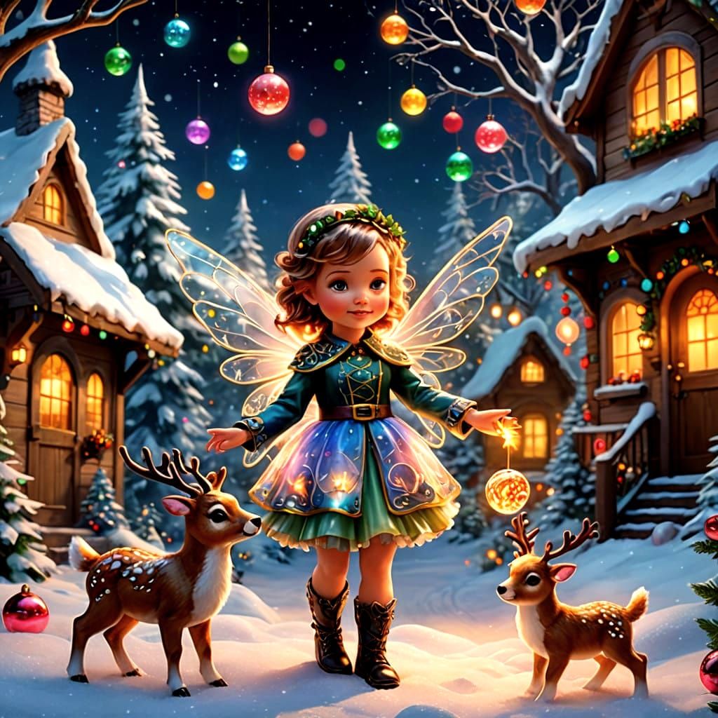 Sparkling Christmas Fairy Plays with Adorable Reindeer in Wh...