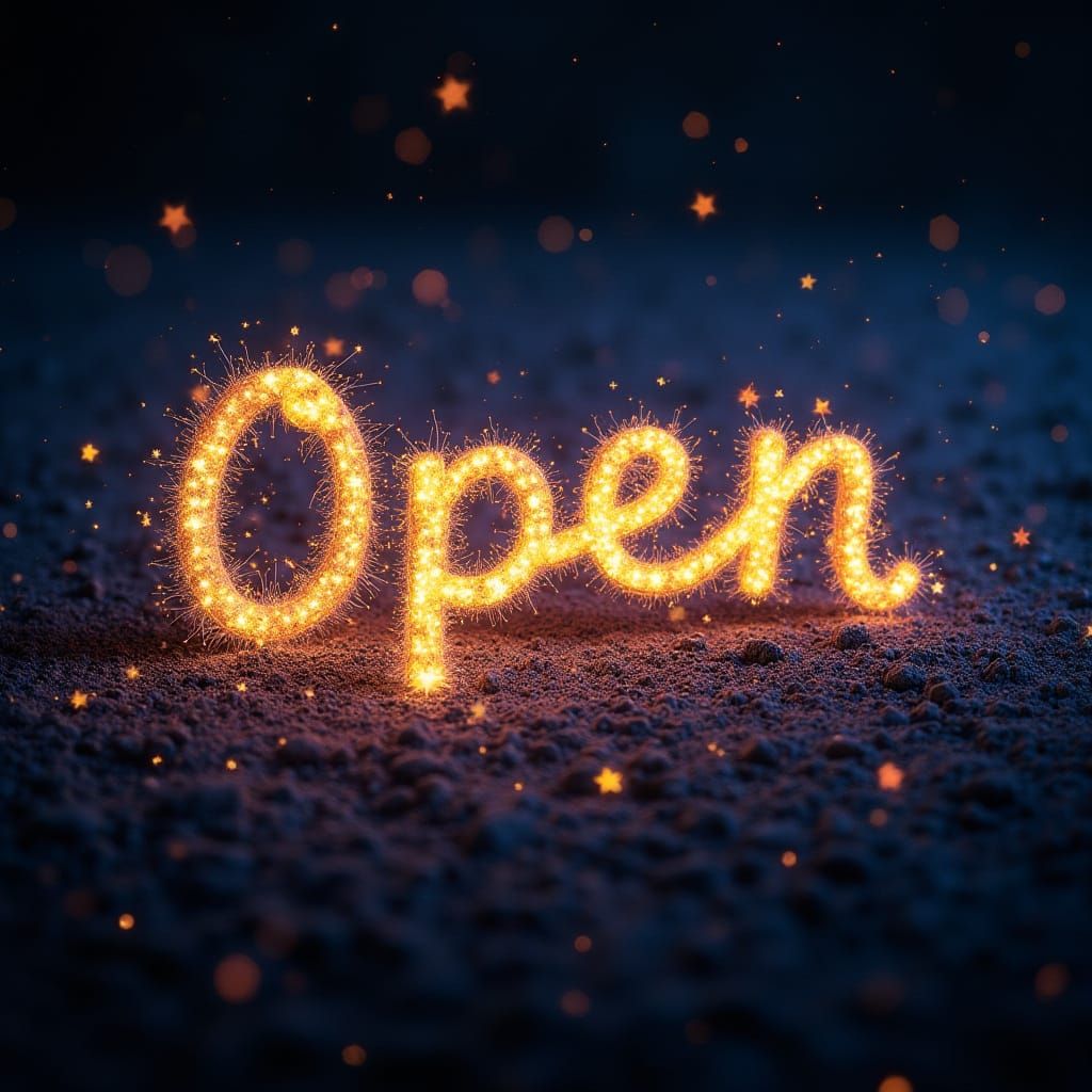 Letters made of glowing and sparkling stars saying "Open prompt from now on :)", dark background