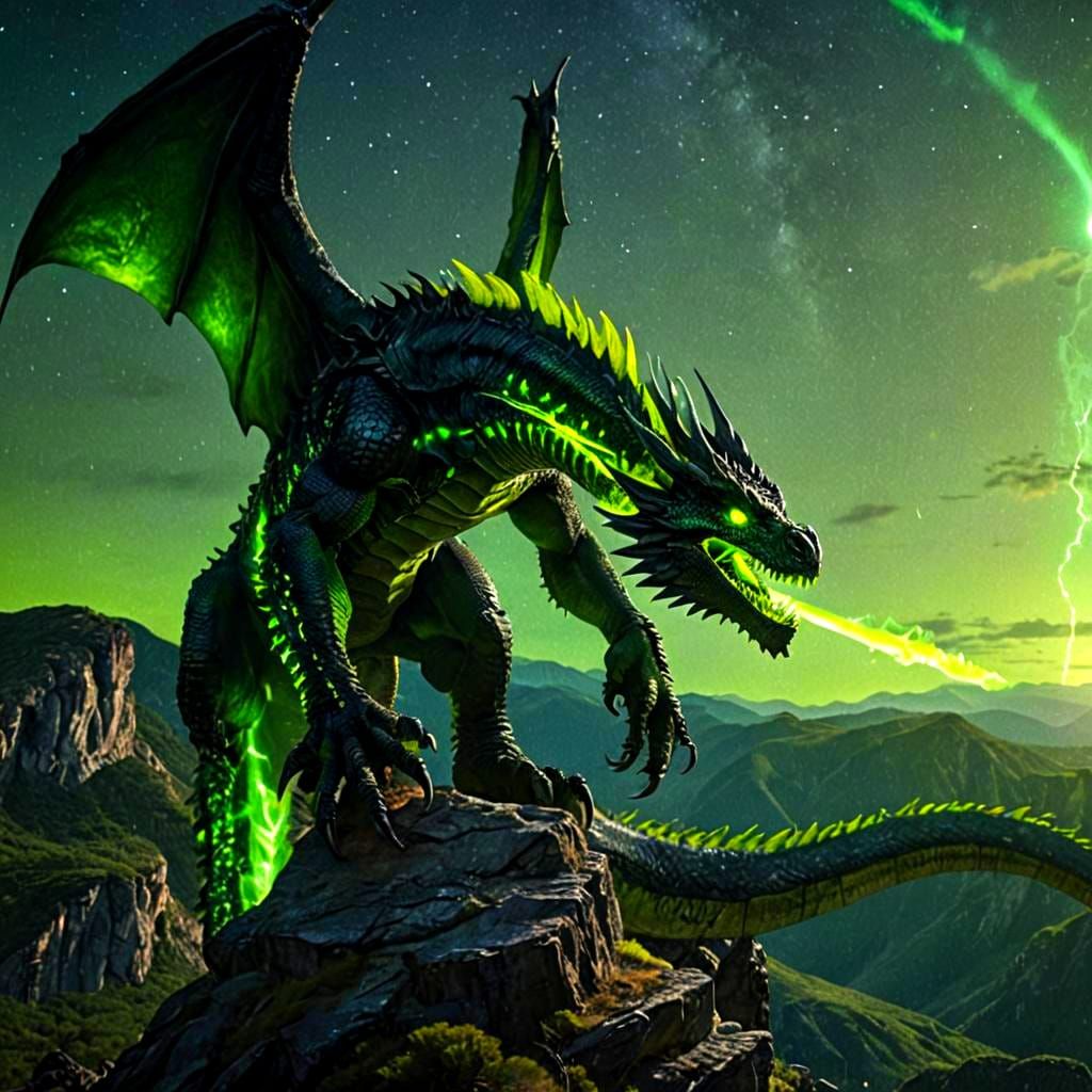 Night Dragon Unleashes Energy Beam on Mountain