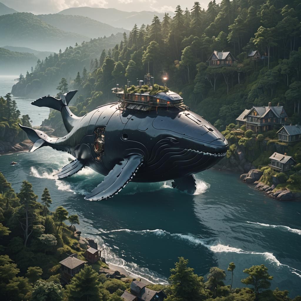 Futuristic Whale with Forest in Sci-Fi Ocean