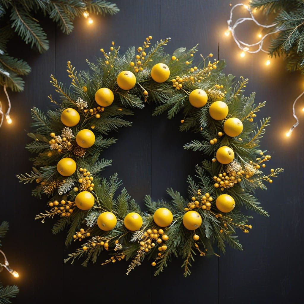 A golden wreath crafted from mimosa blossoms and accented wi...