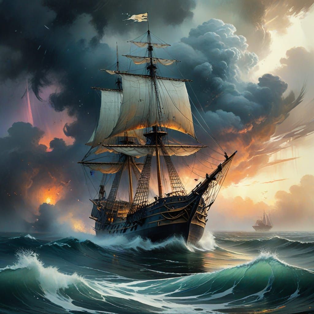 Galleon Emerges from Storm in Dreamy Watercolor