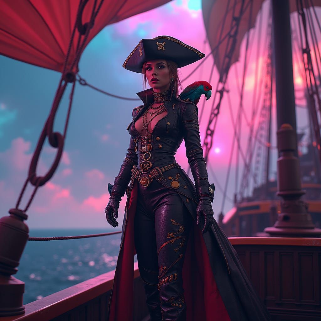 Cyberpunk Pirate Captain in Nebula Scene