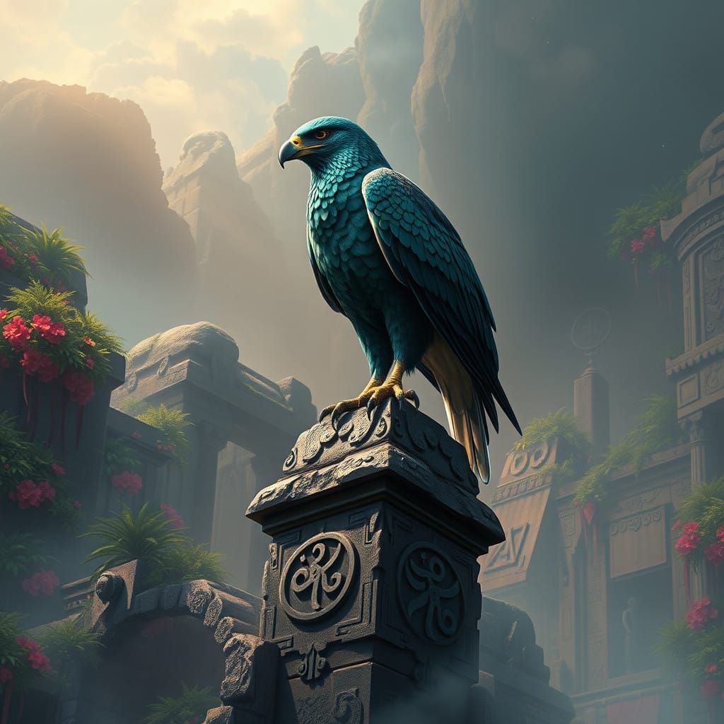 Ancient Temple Hawk Basks in Emerald Splendor