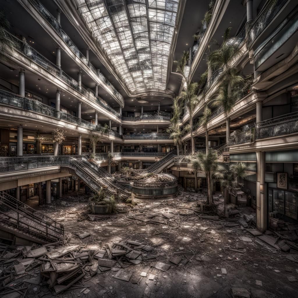 Abandoned Shopping Mall in Hyperrealistic Style