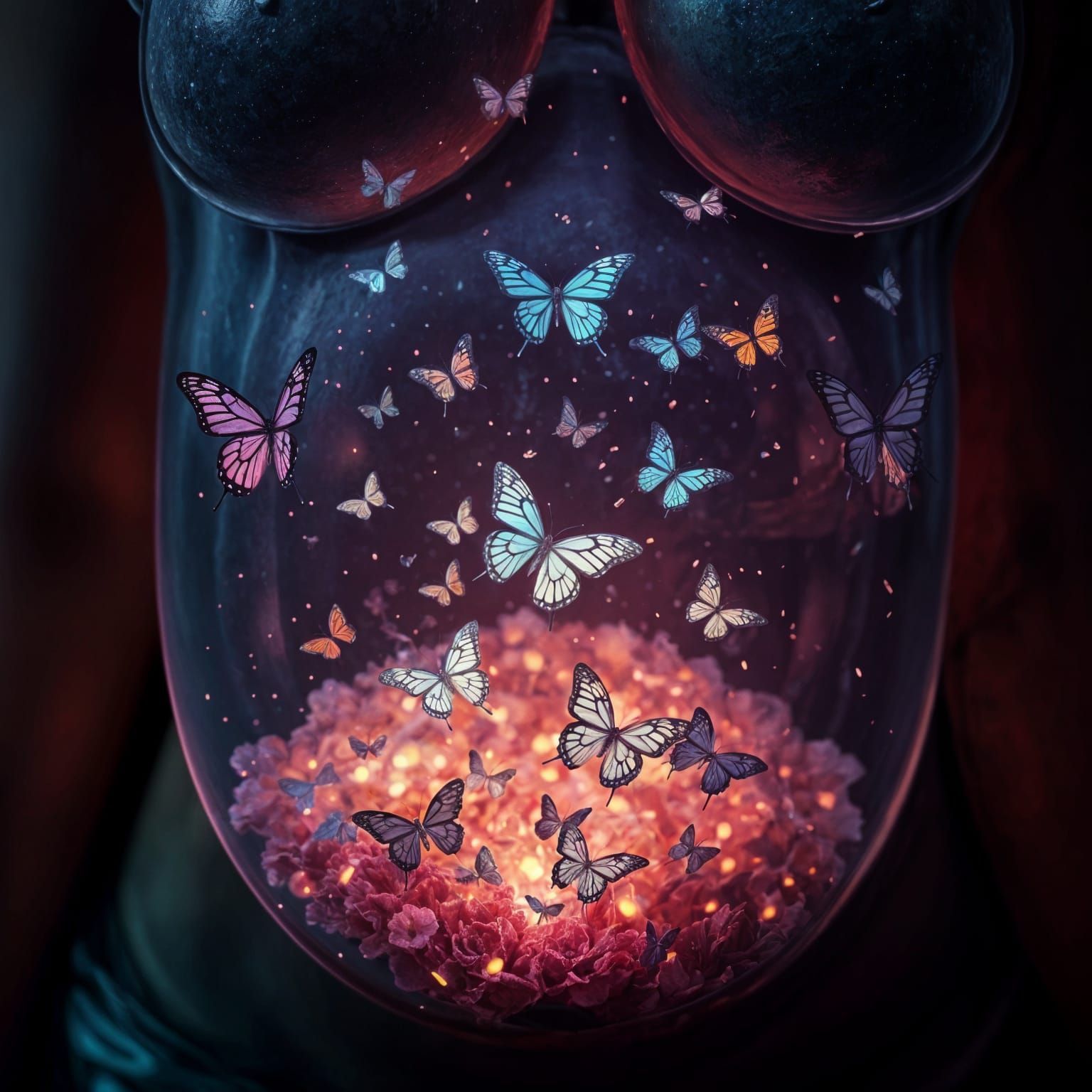 Woman Amidst Fluttering Butterflies in a Fantastical Realm