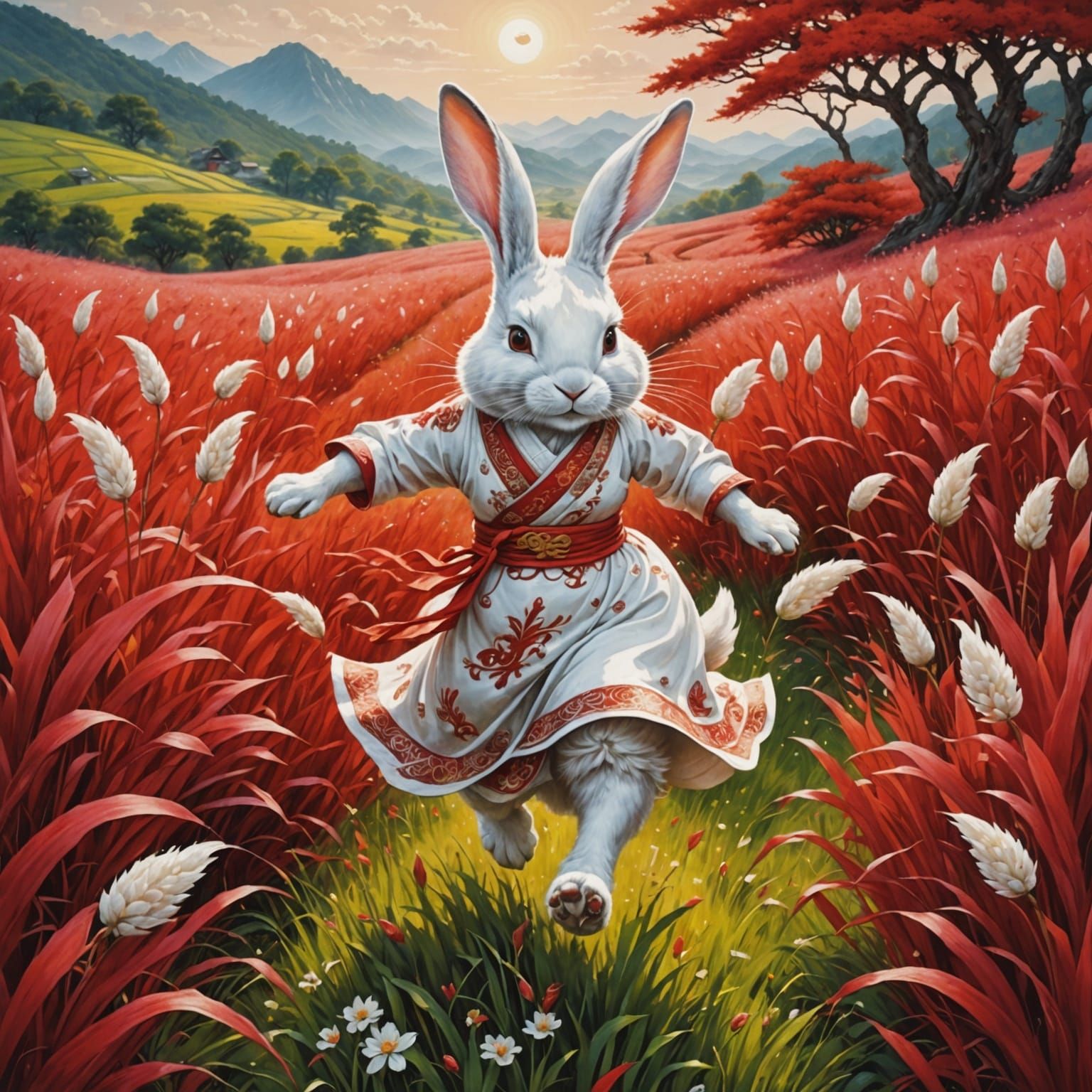 Chinese Zodiac Rabbit Goddess in Red Grass