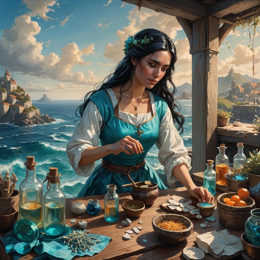 Island Healer's Ocean Office in Oil Painting Style